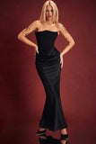 Elegant Strapless Patchwork Formal Party Fishtail Maxi Dresses-Black