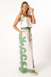 Floral Print Thick Straps Crop Top Wide Leg Pants Matching Set-Green