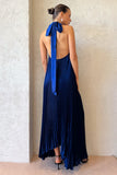 Halter Tied Up Cutout Neck Pleated Backless Asymmetric Hem Wedding Guest Maxi Dresses