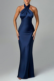 Cross Halter Bodycon Tie Up Open Back Gowns Maxi Dresses-Navy