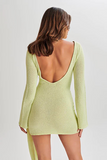 Knit Solid Color Long Sleeve Open Back Ruched Streamer Mini Dresses-Ivory