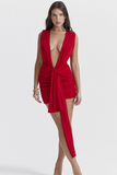 Deep V Neck Slim Fit Ruched Streamer Sleeveless Mini Dresses-Red