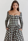 Plaid Pattern Long Sleeve Corset A-Line Pleated Midi Dresses-Red