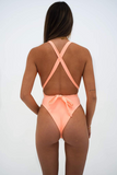 Deep V Neck Crossover Backless Tie Up One-Piece Swimsuit-Orange