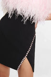 Feather Strapless Slim Fit Rhinestone Trim Slit Cocktail Party Mini Dresses-Black