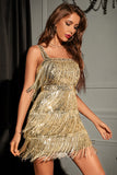 Sequin Square Back Tiered Metallic Fringed Cocktail Party Mini Dresses