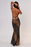 Animal Print Deep V Neck Open Back Spaghetti Strap Maxi Dresses-Green