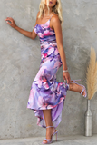 Floral Print One Shoulder Asymmetrical Fishtail Hem Sleeveless Maxi-Purple