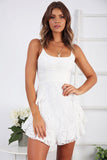 White Boat Neck Jacquard Ruffle Hem Slim A-line Slip Mini Dresses