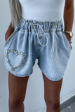 Drawstring Elastic Waist Heart-Shaped Rhinestone Pocket Denim Casual Shorts-Blue