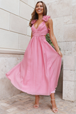 Deep V Neck Petal Decor Lace Up Backless A-Line Midi Dresses-Pink