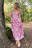 Floral Print Tie Up Cami Tiered Ruffled Hem Midi Dresses-Pink