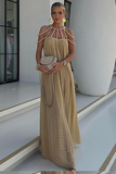 Rope Halter Cold Shoulder Backless Loose Fit Pleated Vacation Maxi Dresses-Khaki