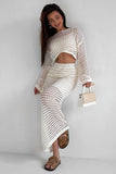 Hollow Out Long Sleeve Crop Top Maxi Skirt Plain Matching Set-Beige