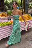 Striped Pattern Cinch Waist Vacation Maxi Tube Dresses-Green