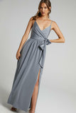 V Neck Knotted Split Gown Slip Maxi Dresses