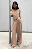 Striped V Neck Button Up Waistcoat Wide Leg Pants Matching Set-Brown