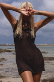 Knit V Neck Slim Fit Backless Beach Cover Ups Mini Tank Dresses-Black