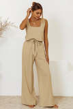 Solid Color Square Neck Crop Tank Top Wide Leg Pants Matching Set-Khaki