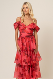 Floral Print Dropped Shoulder Tiered Hem Slip Midi Dresses-Red