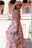 V Neck Backless Quilted Floral Print Vacation Maxi Slip Dresses