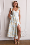 Floral Pattern Ruffled Strap Corset Tie Up Bow Slit A-Line Midi Dresses-Blue