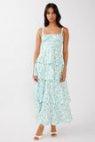 Floral Print Square Neck Straps Back Ribbon Cut Out Tiered Wedding Guest Maxi Dresses-Blue