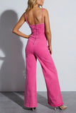 Solid Color High Waist Flared Leg Denim Cami Jumpsuit-Orange