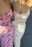 Cowl Neck Floral Print Garden Party Flowy Maxi Slip Dresses-Pink