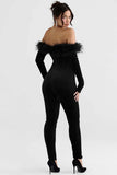 Off Shoulder Feather Trim Long Sleeve Velvet Jumpsuit