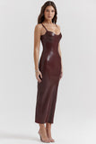 PU Leather Cami Bodycon Cocktail Party Midi Dresses-Brown