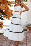 Colorblock Ripple Trim Crop Cami High Waist A-Line Maxi Skirt Matching Set-White