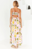 Floral Print Boat Neck Spaghetti Strap A-Line Backless Vacation Maxi Dresses-Pink