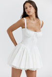 A-line White Boat Neck Tied Up Cami Backless Lace Up Pleated Embroidery Hem Mini Dresses