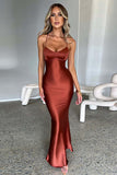 Lace Up Backless Satin Spaghetti Strap Evening Party Maxi Dresses