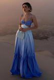 Gradient Color Cutout Open Back Shirred Maxi Strappy Dresses-Blue