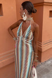 Halter V Neck Backless Boho Pattern Knit Slim-Fit Vacation Maxi Dresses-Beige