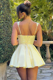 Ruffle Sweetheart Neck Lace Up A-Line Mini Dresses-Yellow