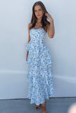 Floral Print Square Neck Straps Back Ribbon Cut Out Tiered Wedding Guest Maxi Dresses-Blue