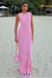 Round Neck Knit Sleeveless Twisted Slim Fit Vacation Maxi Dresses-Pink