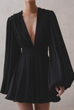 Deep V Neck Balloon Sleeve A-Line Pleated Solid Color Mini Dresses-Black