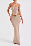 Hollow Out Knit Strapless Crop Top Bodycon Maxi Skirt Matching Set-Khaki