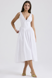 Deep V Neck Cinch Waist Solid Color Midi Tank Dresses-White