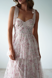 Tie Up Straps Cinch Waist Floral Print Tiered Maxi Dresses-Pink