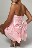 Jacquard Boat Neck A-Line Puffy Hem Back Bow Cocktail Party Mini Dresses-Pink