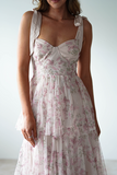 Tie Up Straps Cinch Waist Floral Print Tiered Maxi Dresses-Pink