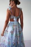 Frill Straps Cutout Tie Up Floral Print Tulle Maxi Dresses-Blue Pre Order