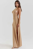 Stand Collar Backless High Slit Party Maxi Dresses-Khaki