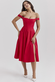 Dropped Shoulder Corset A-Line Slit Solid Color Midi Dresses-Red