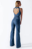 Irregular Neck Sleeveless Slim Heart Shape Cutout Zipper Denim Jumpsuits